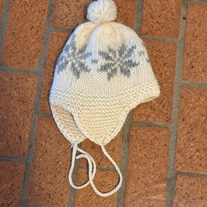 Kids Cream Knit Earflap Hat with Gray Snowflake Pattern and Pom